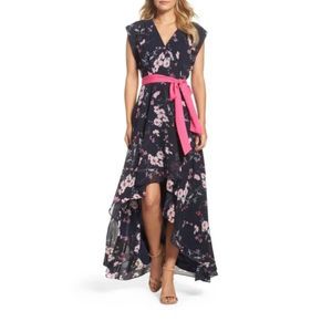 Eliza J High-Low Maxi dress Navy Blue and Cherry Blossom floral Size 10P NWOT